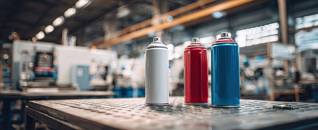 Spray paint cans on a metal table in a factory