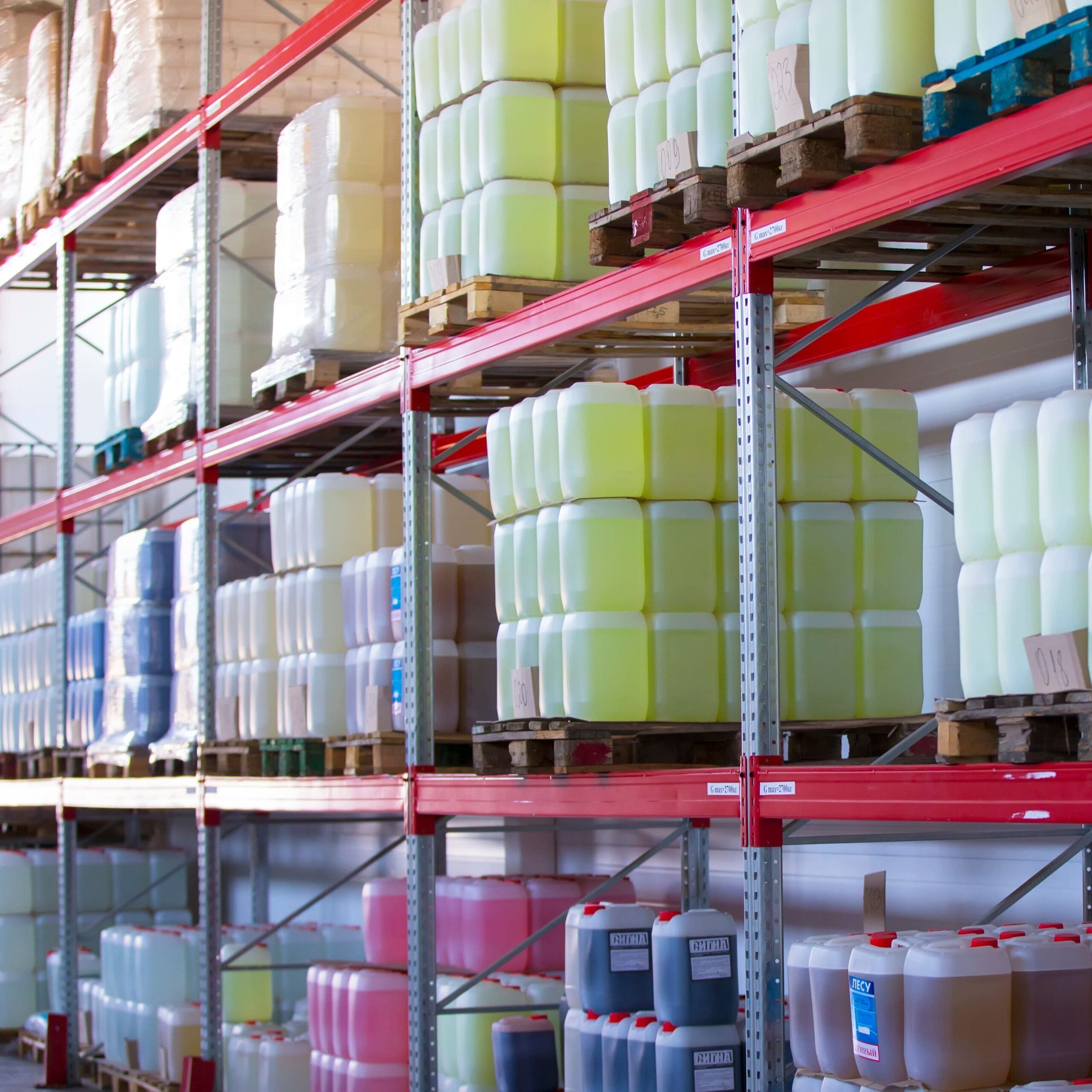 Chemical production.Warehouse with shelves, plastic cans.Warehouse with container